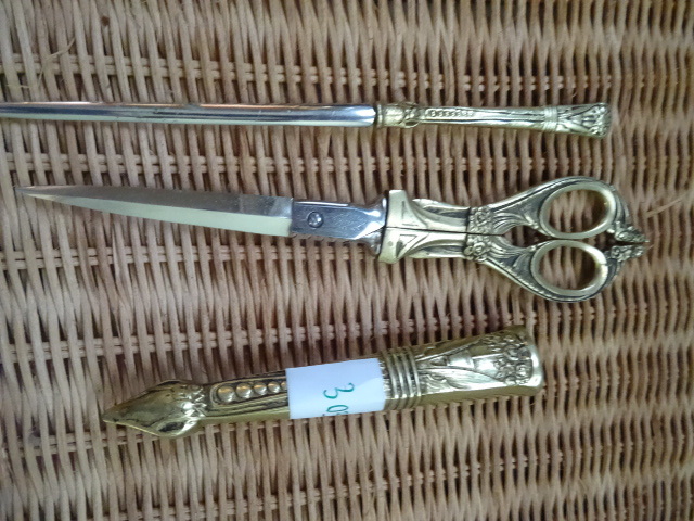 lot 303 image: Vintage Brass Letter Opener and Scissors.