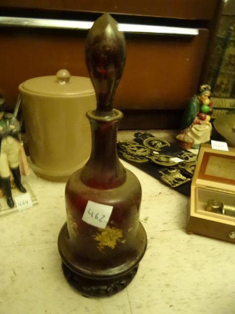 lot 462 image: Red Glass Decanter with Wood Base