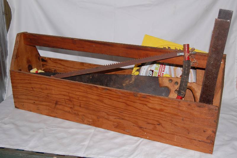 Wooden Toolbox with Misc Tools and More