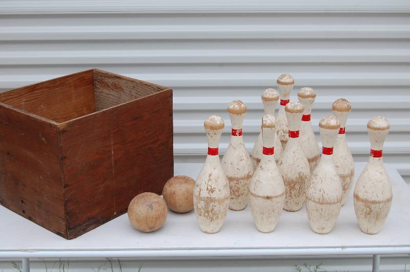 Antique Wooden Bowling Pins with Wood Box