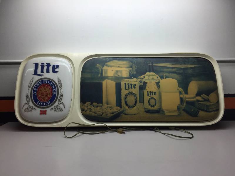 lot 19 image: MILLER LITE SIGN LIGHTED, 1 CASE GRAINBELT RETURNABLE BOTTLES, 1 CASE SCHLITZ RETURNABLE BOTTLES