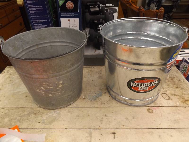 lot 130 image: two 12 Qt Galvinized Sheet Pails, one of them is Behrens