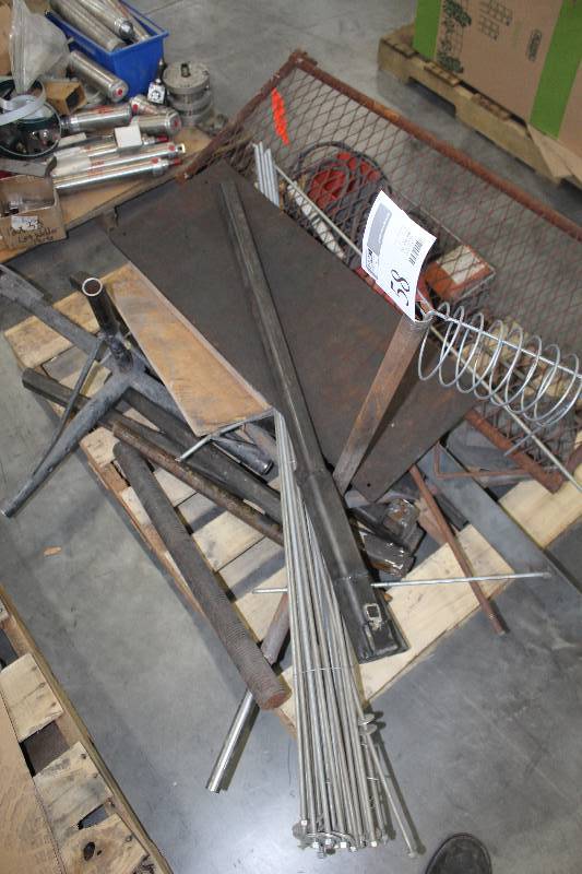lot 58 image: Pallet Lot Including Threaded Steel Rods w Nuts&Washers, Coiled Wire, Stand, And More