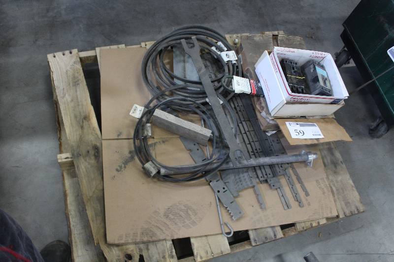 lot 59 image: Pallet Lot Including Switch Boxes, Brackets, Tool, Gates 6829 Belt, Steel Rings, Pipe, Cables