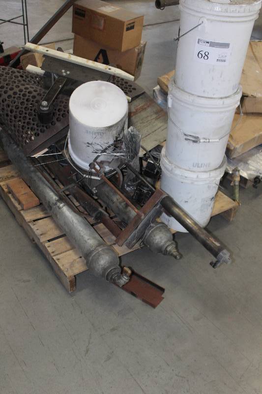 lot 68 image: Pallet Lot Including Metal Pipes, 5-Gallon Buckets, Floor Mats, And More