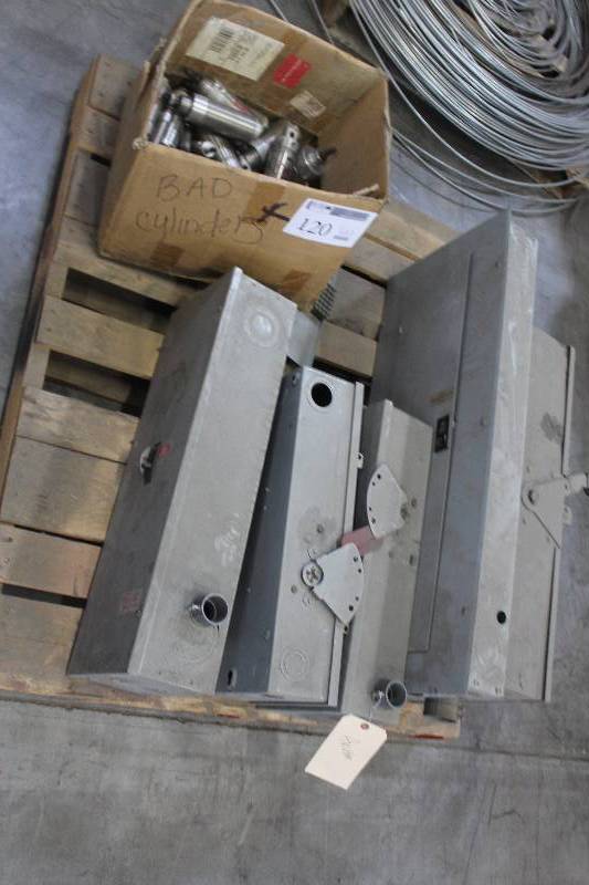 lot 120 image: Pallet Lot Including Electric Service Panel Boxes, Arbors, Box of Bimba Cylinders (Bad),
