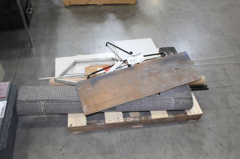 lot 137 image: Pallet Lot Including Carpeting, Wood, Poles, Cardboard Tube w End Cap, Box of Hardware