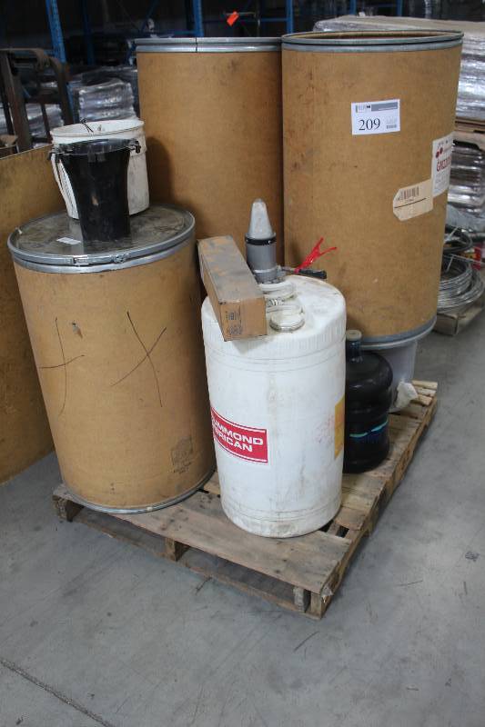lot 209 image: Pallet Lot of Drums,Buckets of Heavy Duty Cleaner, Interior Enamel Latex Eggshell, Mobil Vactra Oil #2, Water Coolant, Dowfrost Concentrate