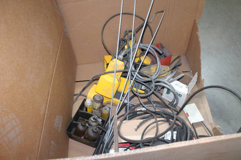 lot 213 image: Box Lot of Hardware Including Square D Heavy Duty Foot Switch, Belts, And More