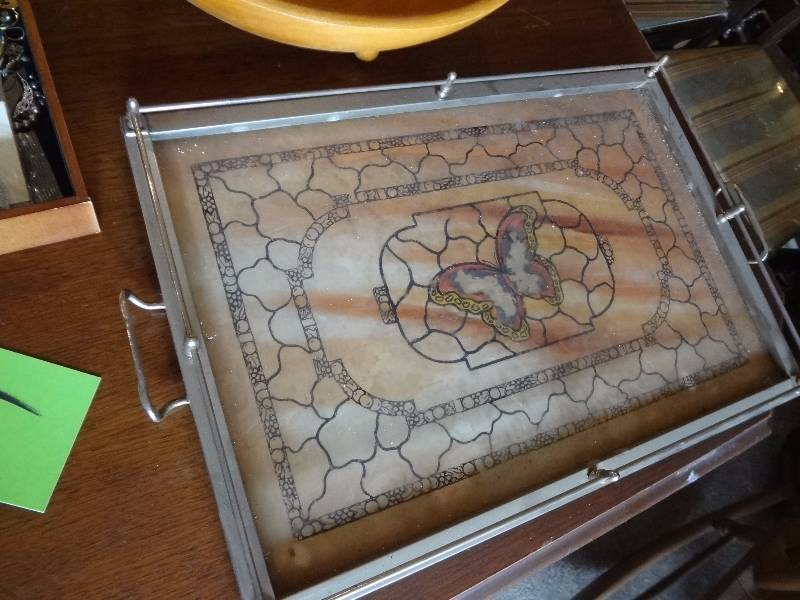 Glass tray, Wood Bowl, Costume Jewelry