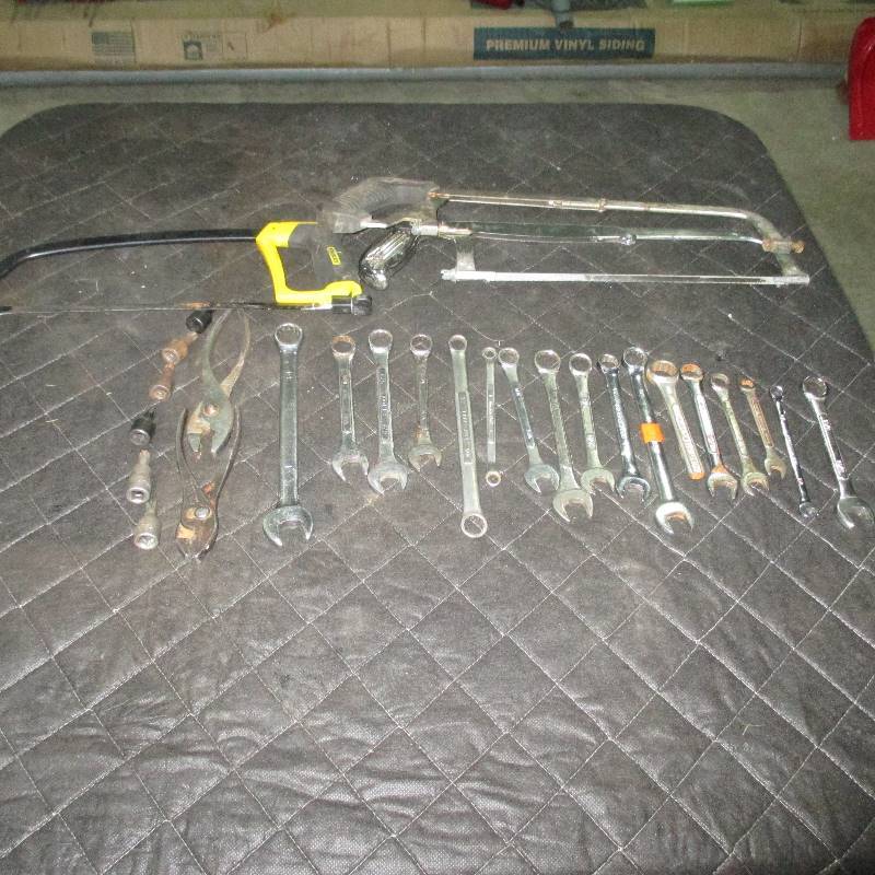 ASSORTED WRENCHES, PLYIERS, TORCK BITS, HACK SAW