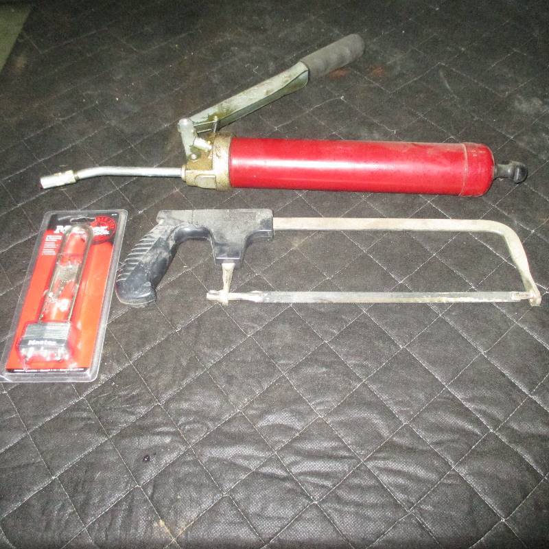 GREASE GUN, HACK SAW, AND PADDLE LOCK