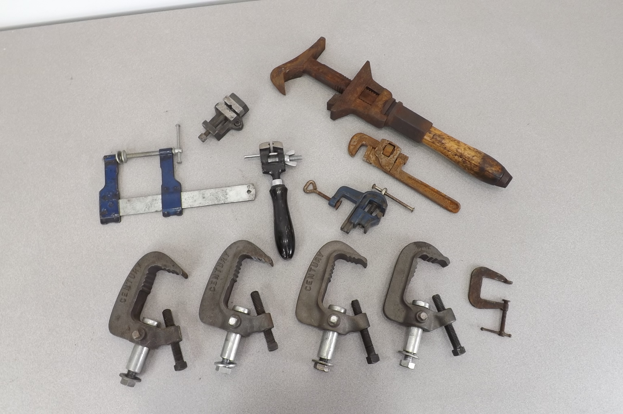 lot 3 image: Lot of Vintage Iron Clamps, Small Vices, Wrenches, etc.