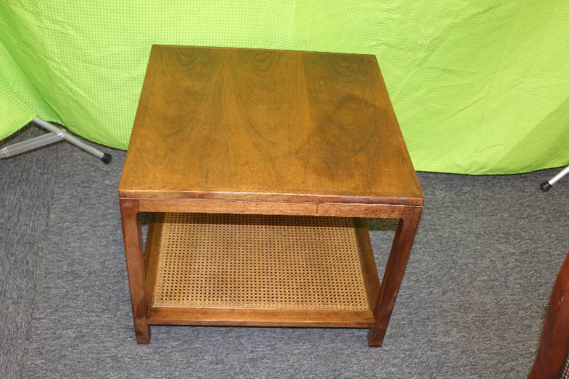 lot 13 image: Wood End Table w Wicker Shelf