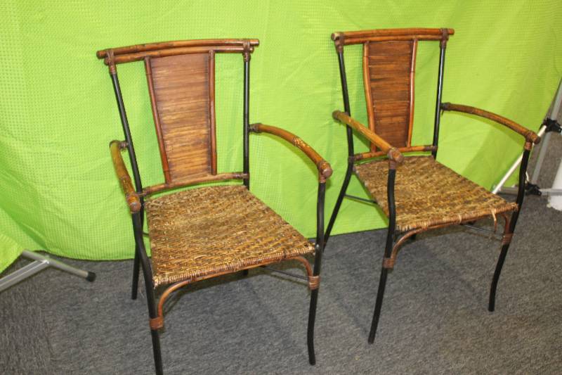 lot 19 image: Lot of (2) Vintage 19401950s Rush Seated Chairs w Bamboo