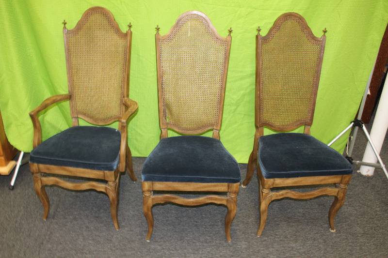 lot 16 image: Lot of (3) High Back Dining Chairs 1-Wicker Back Needs Repair