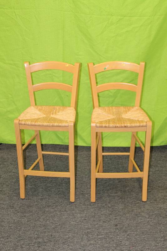 lot 39 image: Lot of (2) Wood Bar Chairs w Wicker Seat