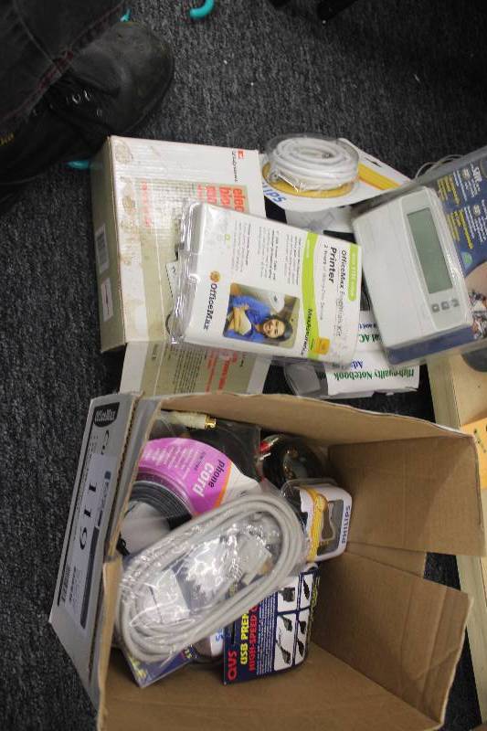 lot 119 image: Lot of Electronics Including Walgreens Electronic Blood Pressure Monitor, Smart Response Digital 7-Day Programmable Thermostat, OfficeMax Printer, Computer Cable, Phone Cord,