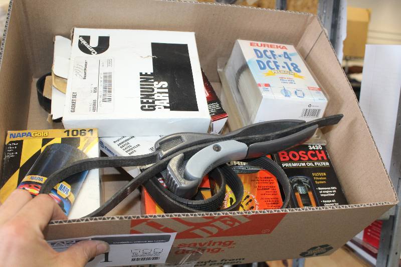 lot 191 image: Box Lot of Automotive Parts Including Gaskets, Belts, Filters, Filter Tool