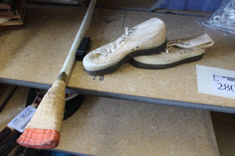 lot 280 image: Lot of (2) Including Mens White Size 9 Cushioned Heel Broomball Shoes, Broomball Stick