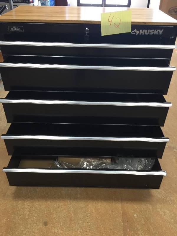 lot 42 image: Husky 37 in. 5-Drawer Mobile Workbench with Solid Wood Top, Black new