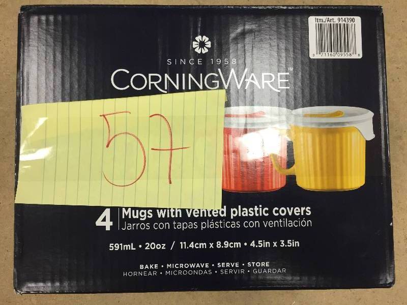 lot 57 image: CorningWare Pop in mug, 4 mugs with vented plastic covers New