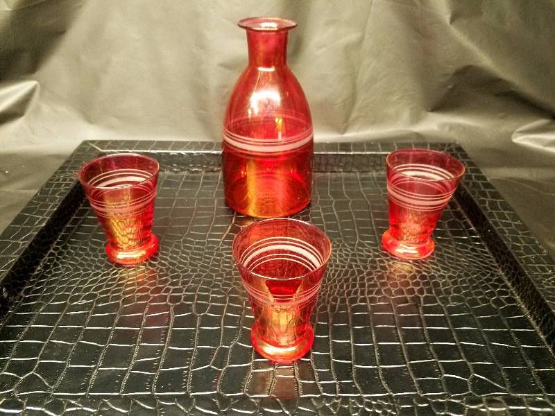 Vintage Red Leaded Barware Set