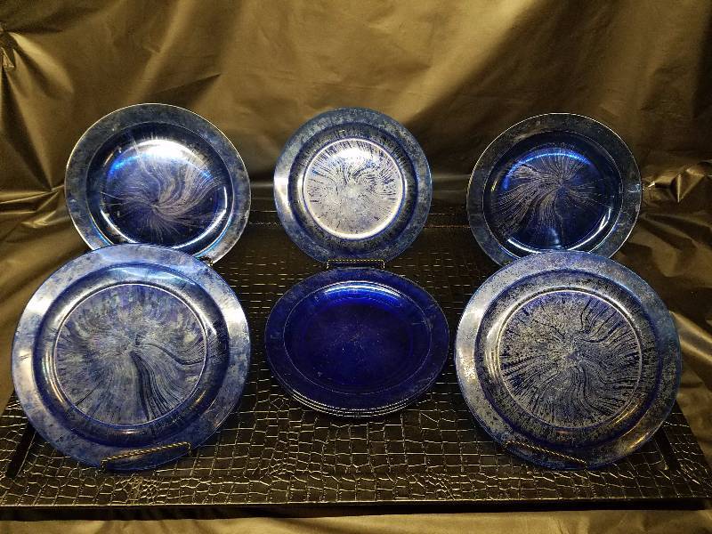 Vintage Arcoroc France Blue Carnival Glass Plate Set Antique Collectible Pyrex Fine China Consignment 1 K Bid