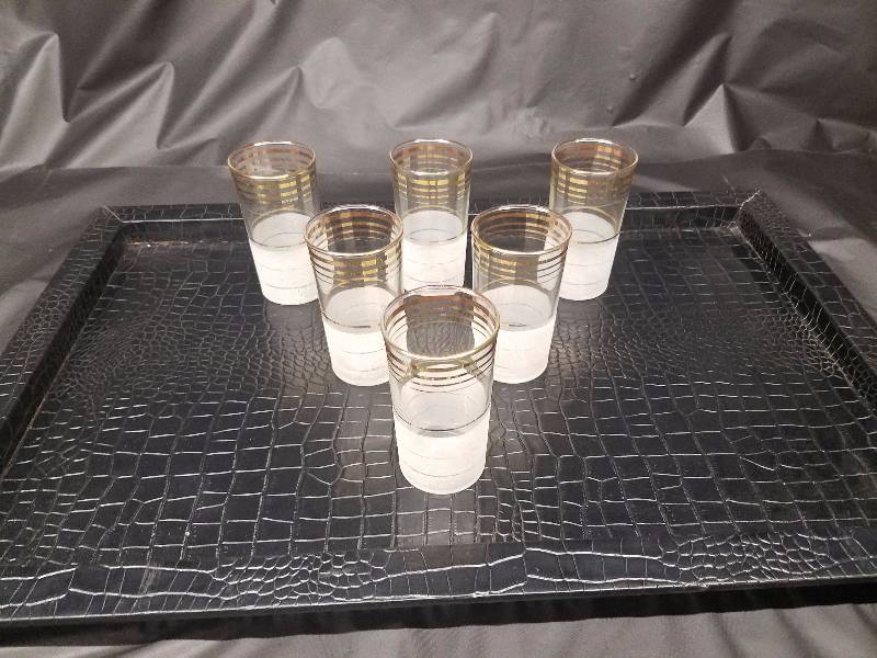 Art Deco White FrostedGold Trim Glass Set