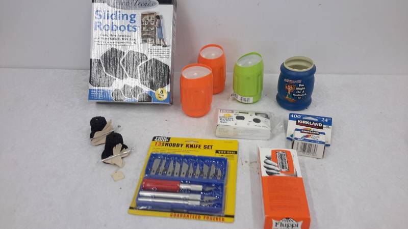 Coozies, furniture movers, camera, film, hobby knife set, German brush, and more