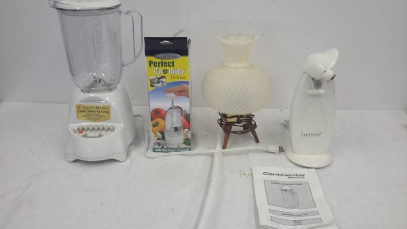 Blender, chopper new in box, lamp, can opener
