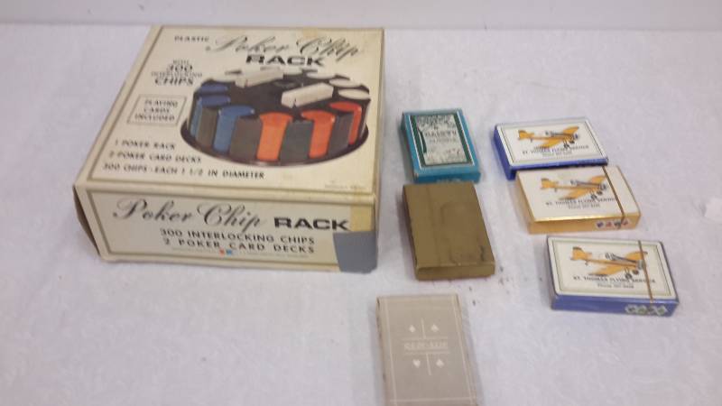 Poker chip rack in box and playing cards