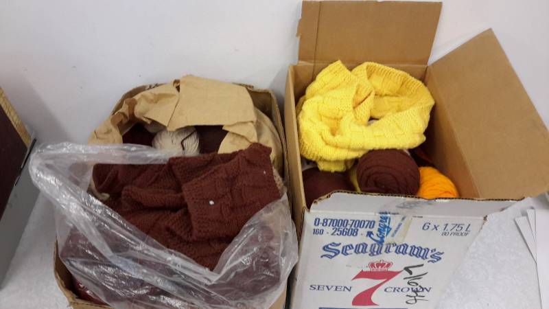Two boxes of yarn, crafting supplies, and partial projects