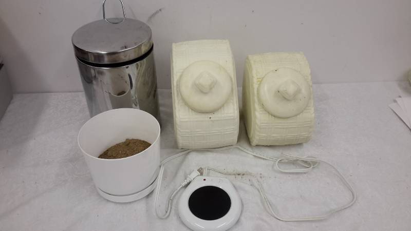 Cookie jars, small trash can, flower pot, warmer