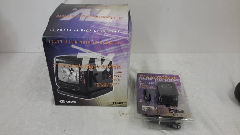5 portable black and white TV and power adapters