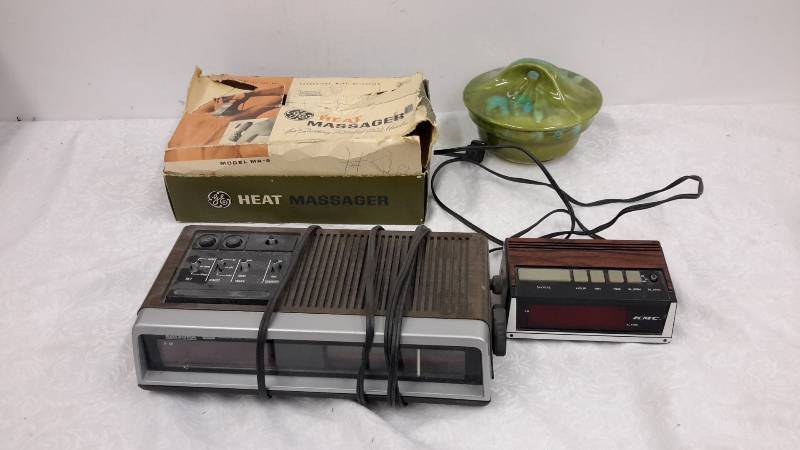Clock radios, massager, candy dish