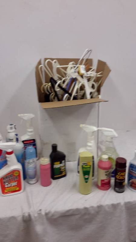 Box of clothes hangers and cleaning supplies