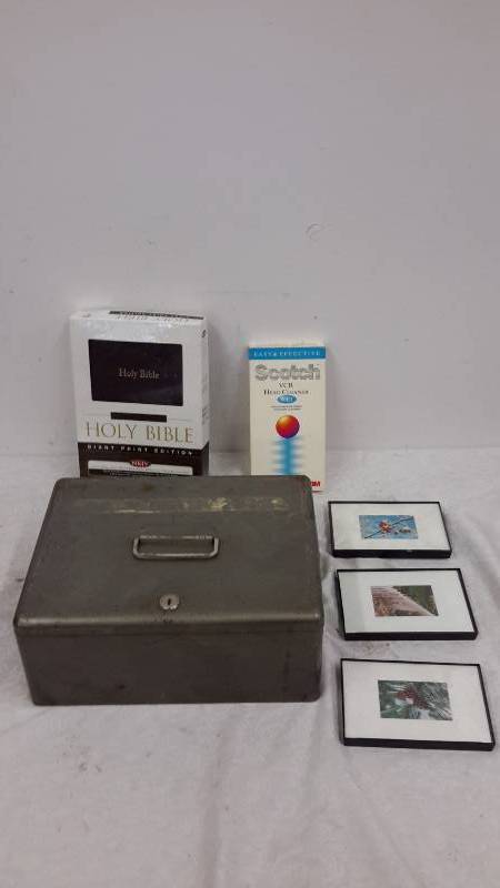 Lockbox, Bible, picture frames, VCR cleaner