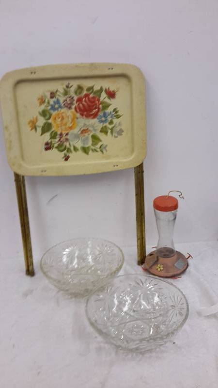 Vintage TV tray, crystal bowls, hummingbird feeder