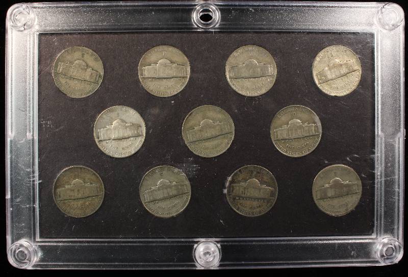 U.S.WARTIME SILVER NICKEL SET 1942-P TO 1945-S - 11 COINS IN PLASTIC