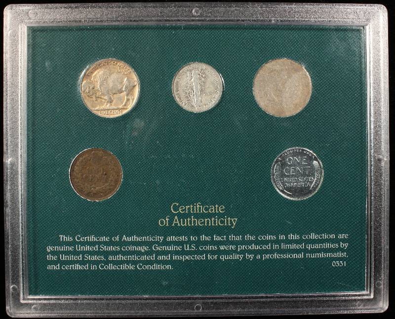RARE CLASSIC COIN SET INDIAN HEAD CENT, BUFFALO & V NICKEL, MERCURY DIME & WAR CENT - 5 COINS