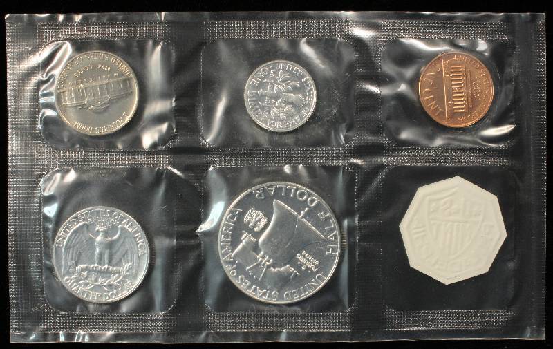 1963 U.S. MINT SET - SILVER FRANKLIN HALF, 25C, 10C, NICKEL & CENT ALL IN ORIGINAL SEALED GOVT CELLOPHANE