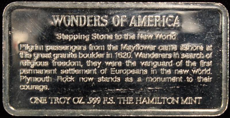 1 TROY OZ. .999 FINE SILVER BAR WONDERS OF AMERICA - PILGRIMS