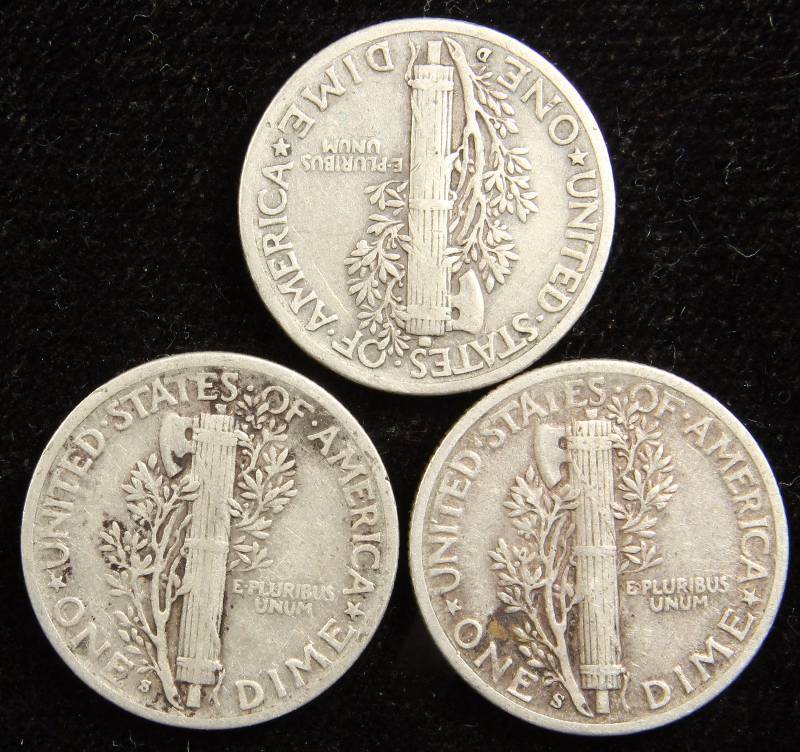 GROUP OF 3 SILVER MERCURY DIMES 41S, 42D, & 43S
