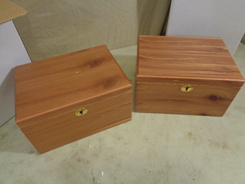 lot 199 image: 2 New Wood Locking Boxes  Urns