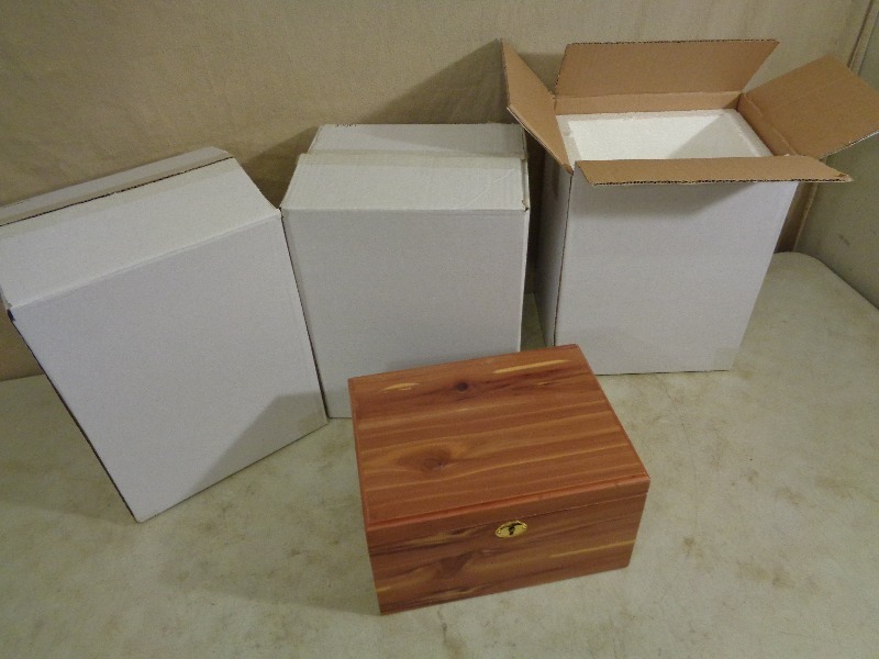 lot 212 image: 3 New Wood Locking Boxes  Urns