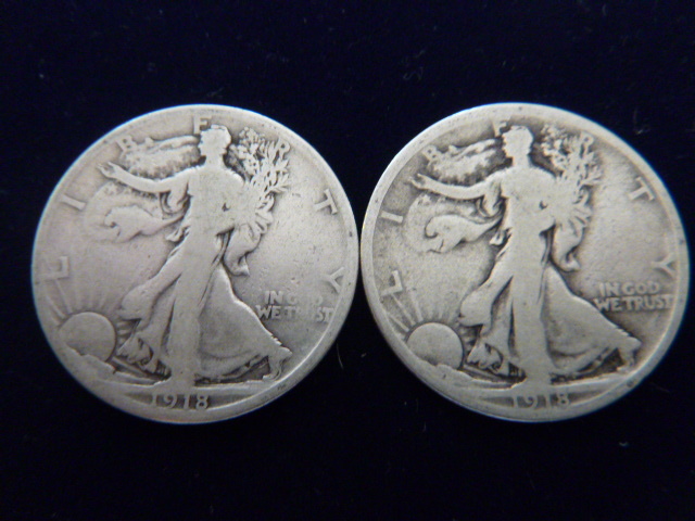 2 1918 Walking Liberty Silver Half Dollars