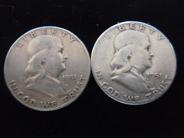 2 1951 Franklin Silver Half Dollars
