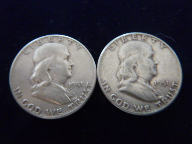2 1951 Franklin Silver Half Dollars