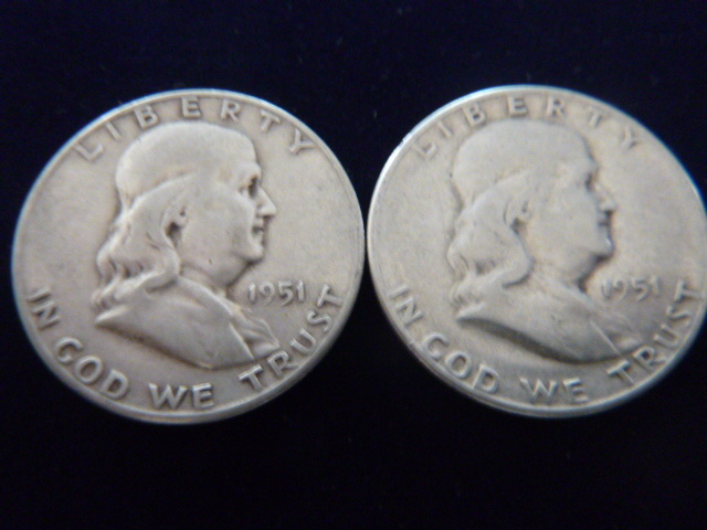 2 1951 Franklin Silver Half Dollars